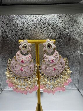 Hand-Painted Light Pink Chandbali Earrings with Pearl Tassels